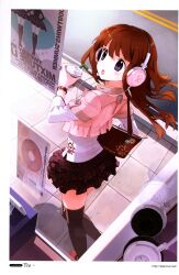  absurdres audio-technica bag blush brown_hair female grey_eyes handbag headphones highres jacket long_hair original scan skirt solo thighhighs tiv zettai_ryouiki 