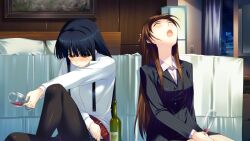  2girls alcohol belt black_hair black_legwear blue_eyes blunt_bangs brown_hair business_suit closed_eyes cup drinking_glass drunk formal game_cg hotel_room long_hair multiple_girls nakamura_takeshi office_lady ogiso_setsuna pantyhose sidelocks suit touma_kazusa twintails two_side_up white_album_(series) white_album_2 wine wine_glass 