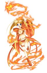  arm_up blonde_hair blue_eyes breasts cleavage commentary_request female fire highres large_breasts long_hair magic nashigami_tsubute navel photoshop_(medium) seal_online solo 