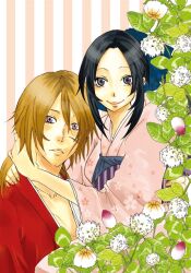  1boy commentary_request couple female flower hands himura_kenshin hug japanese_clothes kamiya_kaoru kimono long_hair ponytail reico rurouni_kenshin smile straight 