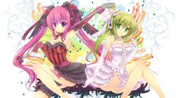  2girls :o ass bad_id bad_pixiv_id bare_legs bare_shoulders beatmania_iidx bow breasts bridal_garter cleavage elbow_gloves flower frills gloves green_eyes green_hair hair_flower hair_ornament hairbow headphones hinata_momo kitami_erika large_breasts legs long_hair looking_at_viewer microphone mizushiro_celica multiple_girls open_mouth photoshop_(medium) pink_eyes pink_hair skirt smile twintails very_long_hair 