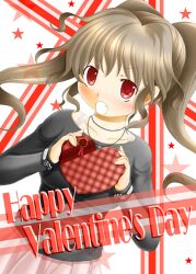  blush box commentary_request female happy_valentine heart heart-shaped_box highres long_hair nashigami_tsubute original photoshop_(medium) red_eyes solo valentine 