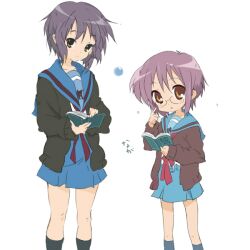  2girls bad_id bad_pixiv_id blue_sailor_collar blue_skirt book brown_cardigan brown_eyes cardigan chihara_minori clerk_nagato core_(mayomayo) cosplay crossover glasses kita_high_school_uniform lucky_star multiple_girls nagato_yuki nagato_yuki_(cosplay) purple_hair sailor_collar school_uniform serafuku short_hair skirt suzumiya_haruhi_no_yuuutsu voice_actor_connection winter_uniform 