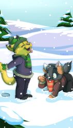  all_fours anthro clothed clothing duo earmuffs felid hat headgear headwear kalida male mammal outside plant pom_hat scarf sky smile snow standing star tail tattoo tongue tree winter wood young young_anthro 