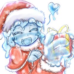  christmas gift goo_girl hat heart monster_girl present santa_costume santa_hat santa_suit slime smile 