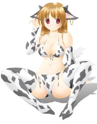  animal_ears animal_print bikini breasts brown_hair commentary_request copyright_request cow_ears cow_girl cow_print cow_print_bikini female highres horns long_hair nashigami_tsubute photoshop_(medium) print_bikini red_eyes simple_background solo spread_legs swimsuit thighhighs 