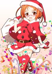  bag belt brown_eyes brown_hair christmas commentary_request confetti female glasses gloves hat pink-framed_eyewear precure red_gloves red_thighhighs santa_costume santa_hat shirabe_ako short_hair slowpit smile solo suite_precure thighhighs white_background 