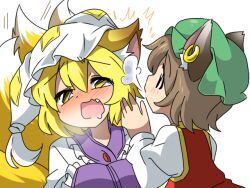  2girls :3 animal_ears bad_id bad_pixiv_id bell blonde_hair blowing blush bow brown_eyes brown_hair cat_ears chen dress drooling eargasm earrings eromame fox_ears fox_tail hat jewelry multiple_girls multiple_tails oerba_yun_fang open_mouth shirt tabard tail touhou uncommon_stimulation vest white_dress yakumo_ran yellow_eyes yuri 