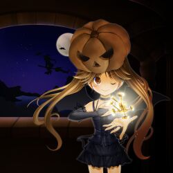  bat_wings bridal_gauntlets brown_eyes brown_hair commentary_request cross female full_moon halloween jack-o&#039;-lantern key long_hair moon nashigami_tsubute one_eye_closed original photoshop_(medium) pumpkin smile solo twintails wings 