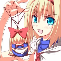  :d alice_margatroid apron arm_up ascot blonde_hair blue_dress blue_eyes blush bow commentary_request dress female hairband hairbow hanging long_hair meme nirap open_mouth revision shanghai_doll shirt short_hair smile solo string string_play_spider_baby_(meme) touhou v-shaped_eyebrows 