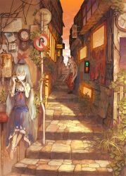  2girls arrow_(symbol) blue_hair bonnou-s-rice building calendar_(object) clock commentary_request contemporary corded_phone fujiwara_no_mokou grey_hair hairband hat kamishirasawa_keine long_hair multiple_girls nature phone road shadow sign sitting smile stairs street touhou vanishing_point very_long_hair 