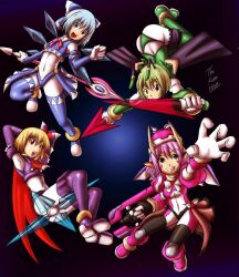  4girls :d antennae artist_name blue_eyes blue_hair cirno cosplay dual_wielding fairy_leviathan_(mega_man) fairy_leviathan_(mega_man)_(cosplay) fighting_fefnir_(mega_man) fighting_fefnir_(mega_man)_(cosplay) hidden_phantom_(mega_man) hidden_phantom_(mega_man)_(cosplay) holding holding_weapon kuroi_hoshi looking_at_viewer mega_man_(series) mega_man_zero_(series) multiple_girls mystia_lorelei open_mouth rumia sage_harpuia_(mega_man) sage_harpuia_(mega_man)_(cosplay) shoe_soles smile team_9_(touhou) thighhighs touhou weapon wings wriggle_nightbug 