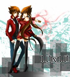  boots breasts brown_hair card dual_persona high_heel_boots high_heels highres plurk rule_63 slifer_red_uniform thighhighs yu-gi-oh! yuki_judai yuu-gi-ou_gx yuuki_juudai 