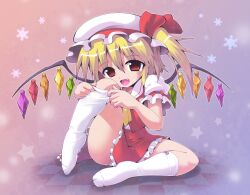  blonde_hair commentary_request dress female flandre_scarlet hat kurogarasu mob_cap oerba_yun_fang photoshop_(medium) red_eyes short_hair side_ponytail socks solo touhou white_hat wings 