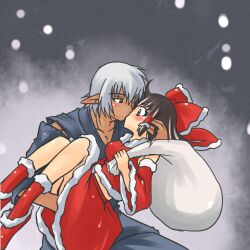  1boy bare_shoulders black_hair blue_eyes blush bow buront carrying christmas couple dark-skinned_male dark_skin detached_sleeves elf elvaan female final_fantasy final_fantasy_xi grey_hair hair_tubes hairbow hakurei_reimu interracial japanese_clothes kissing koraku_gekki long_hair lowres pointy_ears princess_carry red_eyes sack santa_costume short_hair skirt straight the_iron_of_yin_and_yang touhou 