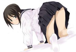  all_fours bad_id bad_pixiv_id black_eyes black_hair blush female from_behind looking_back moonsorrow original school_uniform socks solo 