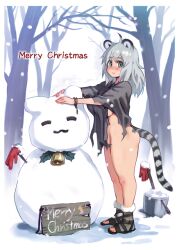  :3 ahoge animal_ears bell blush bottomless breasts christmas cloak commentary_request female green_eyes grey_hair large_breasts original ryoji_(nomura_ryouji) sideboob snow snowman solo tail thick_thighs thighs tiger_ears tiger_tail torn_cloak torn_clothes 