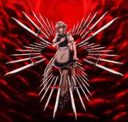  ahoge apron between_fingers braid commentary_request female forsaken-arts full_moon glowing glowing_eyes grey_hair hair_ribbon highres holding izayoi_sakuya knife looking_down maid maid_headdress moon red_eyes red_moon ribbon shaded_face short_hair solo throwing_knife too_many too_many_knives touhou twin_braids waist_apron weapon 