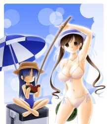  2girls barefoot beach_umbrella bikini blue_hair blush bokken breasts brown_eyes brown_hair cleavage commentary_request cooler flat_chest food fruit hat highres indian_style large_breasts long_hair multiple_girls nashigami_tsubute original photoshop_(medium) school_swimsuit side-tie_bikini_bottom sitting smile swimsuit sword umbrella watermelon weapon white_bikini wooden_sword |_| 