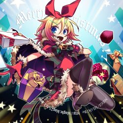  blonde_hair blue_eyes bow cape christmas commentary_request female gift gloves hair_ornament hair_ribbon hairclip kagamine_rin negi_(ulog&#039;be) oerba_yun_fang open_mouth red_gloves ribbon short_hair skirt smile solo thighhighs vocaloid 