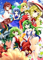  6+girls ascot blonde_hair cirno cloud commentary_request crossed_arms day elly_(touhou) flower green_hair hat highres kazami_yuuka kochiya_sanae multiple_girls mystia_lorelei outstretched_arms parasol petals photoshop_(medium) profile rumia shiki_eiki short_hair sky spread_arms touhou touhou_(pc-98) umbrella usuusu wide_sleeves 