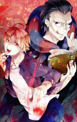  2boys :p blood book claws commentary_request copyright_name fate/zero fate_(series) fingernails gilles_de_rais_(caster)_(fate) jewelry long_fingernails male_focus multiple_boys orange_hair photoshop_(medium) red_eyes reika_(iamreika) ring tongue tongue_out uryuu_ryuunosuke 