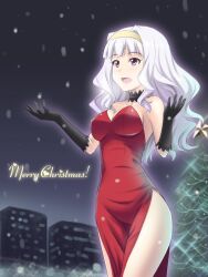  black_gloves breasts christmas cleavage commentary_request dress female gloves hairband idolmaster idolmaster_(classic) long_hair masakichi_(crossroad) medium_breasts pantyhose red_eyes see-through see-through_legwear shijou_takane snow solo white_hair white_pantyhose 