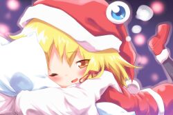  ayakashi_(monkeypanch) bad_id bad_pixiv_id blonde_hair blush female hair_ribbon hat hugging_object leg_up lights lying moriya_suwako on_stomach one_eye_closed open_mouth pantyhose pillow pillow_hug ribbon santa_costume santa_hat shirt skirt skirt_set smile solo touhou yellow_eyes 