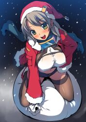  amei_sumeru bad_id bad_pixiv_id black_thighhighs blush breasts brown_hair christmas commentary_request covered_nipples denim denim_shorts female green_eyes hat highres large_breasts long_hair navel open_mouth original sack santa_costume santa_hat scarf shorts smile snow solo thighhighs 