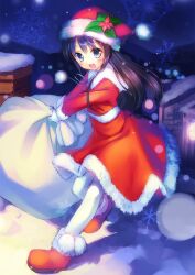  :d black_hair blue_eyes blush boots chimney christmas commentary_request dress female fur_trim gloves hat highres long_hair long_skirt looking_at_viewer open_mouth original pantyhose photoshop_(medium) ribbon sack santa_costume santa_hat skirt smile snowflakes solo takoyaki_(roast) white_gloves white_pantyhose 