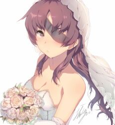  bouquet breasts bridal_veil brown_eyes brown_hair cleavage commentary_request dress dsmile eyepatch female flower long_hair looking_at_viewer medium_breasts mirai_nikki simple_background solo uryuu_minene veil wedding_dress white_background 