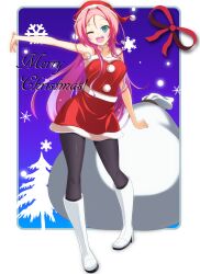  ;d aqua_eyes bare_shoulders black_pantyhose boots christmas commentary_request dra+koi female hat heroine_(dra+koi) highres knee_boots long_hair merry_christmas one_eye_closed open_mouth outstretched_arm pantyhose pink_hair sack santa_costume santa_hat skirt slit_pupils smile snowflakes solo standing violetshit 