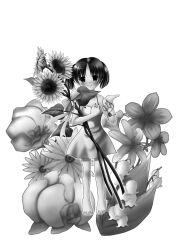  bare_legs barefoot commentary_request copyright_request daisy female flower flower_request greyscale holding holding_flower lily_of_the_valley monochrome nashigami_tsubute orchid oversized_object photoshop_(medium) short_hair smile solo sunflower 