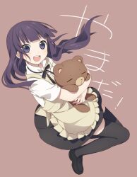  apron bad_id bad_pixiv_id black_thighhighs blunt_bangs commentary_request daisy_(working!!) dress_shirt female hugging_object long_hair looking_at_viewer neck_ribbon open_mouth purple_eyes purple_hair ribbon shirt short_sleeves simple_background skirt smile solo stuffed_animal stuffed_toy teddy_bear thighhighs waitress working!! yamada_aoi yamiko zettai_ryouiki 