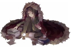  1boy beaker black_eyes black_hair black_socks book book_stack cape commentary_request fate/zero fate_(series) knee_to_face lamp male_focus necktie open_book pants paper simple_background sitting socks solo soto studying sweater waver_velvet white_background 