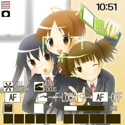  3girls blush brown_hair cellphone commentary_request flip_phone hirasawa_ui k-on! long_hair multiple_girls nakano_azusa nashigami_tsubute one_eye_closed phone photoshop_(medium) sakuragaoka_high_school_uniform school_uniform suzuki_jun viewfinder 