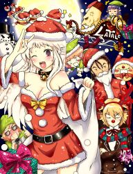  2girls 4boys blonde_hair braid brown_hair camera cameron_johnson highres latale moon multiple_boys multiple_girls orange_hair pointy_ears purple_eyes santa_costume white_hair 