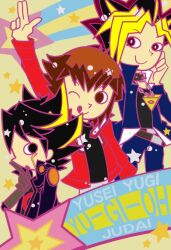  3boys fudou_yuusei male male_focus multiple_boys mutou_yuugi slifer_red_uniform yami_yuugi yu-gi-oh! yuki_judai yuu-gi-ou_5d&#039;s yuu-gi-ou_gx yuuki_juudai 