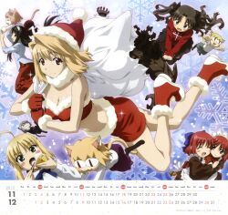  2012 6+girls absurdres aged_down ahoge alternate_costume arcueid_brunestud artoria_pendragon_(fate) black_hair blonde_hair blush_stickers boots breasts calendar_(medium) carnival_phantasm christmas cleavage december eating fate/stay_night fate_(series) fur_trim hat heracles_(fate) highres hisui_(tsukihime) kohaku_(tsukihime) long_legs maid maid_headdress medium_breasts miniskirt morita_kazuaki multiple_girls neco-arc neco-arc_bubbles neco-arc_chaos neco-arc_destiny neco_spirit november official_art red_eyes rice saber_(fate) sack santa_costume santa_hat siblings sisters skirt sweater tohno_akiha tohsaka_rin tsukihime twins twintails two_side_up 