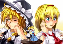  2girls alice_margatroid aqua_eyes ascot blonde_hair blush braid capelet commentary_request dress hair_ribbon hairband hat jewelry kirisame_marisa long_hair multiple_girls one_eye_closed pandora-ex puppet puppet_rings puppet_strings ribbon ring short_hair touhou yellow_eyes 