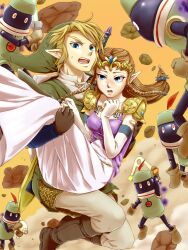  1boy bad_id bad_pixiv_id blonde_hair blue_eyes blush boomerang brown_hair carrying earrings female gloves hat jewelry link long_hair pointy_ears primid princess_carry princess_zelda saiba_(henrietta) super_smash_bros. the_legend_of_zelda the_legend_of_zelda:_twilight_princess tiara 