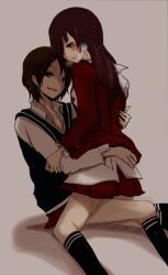  2girls bad_id bad_pixiv_id black_hair blush brown_hair hug kataomoi_finally kneeling long_hair matsui_jurina matsui_rena multiple_girls munta school_uniform short_hair sitting ske48 smirk straddling tears yuri 