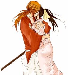  1boy commentary_request couple female hakama hakama_skirt himura_kenshin hug japanese_clothes kamiya_kaoru kimono long_hair ponytail reico rurouni_kenshin samurai simple_background skirt straight white_background 