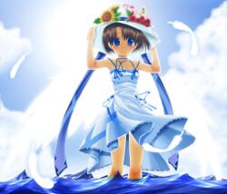  blue_eyes blue_theme brown_hair commentary_request dress feathers female flower hands_on_headwear nashigami_tsubute original photoshop_(medium) ribbon short_hair smile solo wading water 