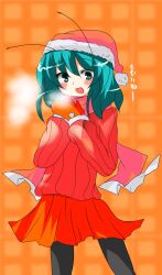  antennae blush buuwa commentary_request female gloves green_eyes green_hair hat highres open_mouth pantyhose santa_hat scarf short_hair skirt solo sweater touhou translated wriggle_nightbug 