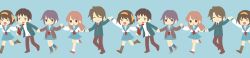  &gt;_&lt; 2boys 3girls asahina_mikuru blue_sailor_collar blue_skirt brown_cardigan cardigan chibi closed_eyes commentary_request kita_high_school_uniform koizumi_itsuki kyon multiple_boys multiple_girls nagato_yuki sailor_collar satou_shino school_uniform serafuku skirt suzumiya_haruhi suzumiya_haruhi_no_yuuutsu tileable winter_uniform 