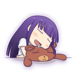  apron closed_eyes commentary_request daisy_(working!!) denden drooling female long_hair purple_hair saliva simple_background sleeping stuffed_animal stuffed_toy teddy_bear white_background working!! yamada_aoi 