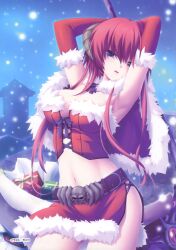  absurdres alternate_costume armpits arms_behind_head arms_up belt blue_eyes breasts capelet christmas cleavage corset crop_top elbow_gloves female front-tie_top fur_trim gift gloves highres horns kamidori_alchemy_meister large_breasts long_hair midriff miniskirt navel open_mouth ragsmuena red_gloves red_hair sack santa_costume scythe skirt skull snow solo yakuri 