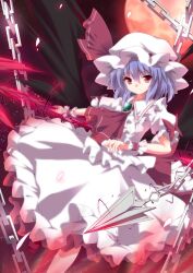  ascot bad_id bad_pixiv_id bat_wings blue_hair bow chains dress female full_moon hat kurono_yuzuko miserable_fate moon photoshop_(medium) red_eyes red_moon remilia_scarlet ribbon short_hair smile solo spear_the_gungnir touhou wings wrist_cuffs 