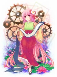  alternate_hair_length alternate_hairstyle bobby_socks calligraphy_brush cocoa_(cafe-hotcocoa) commentary_request female flower gears hair_flower hair_ornament hieda_no_akyuu japanese_clothes long_hair lotus obi paintbrush purple_eyes purple_hair sandals sash scroll smile socks solo touhou very_long_hair wide_sleeves 